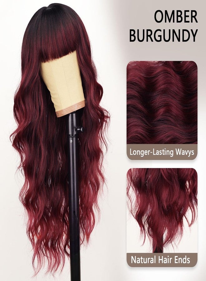 AISI HAIR Omber Burgundy Wig with Bangs Long Wavy Synthetic Wig for Women with Daily Party Use - Image 3